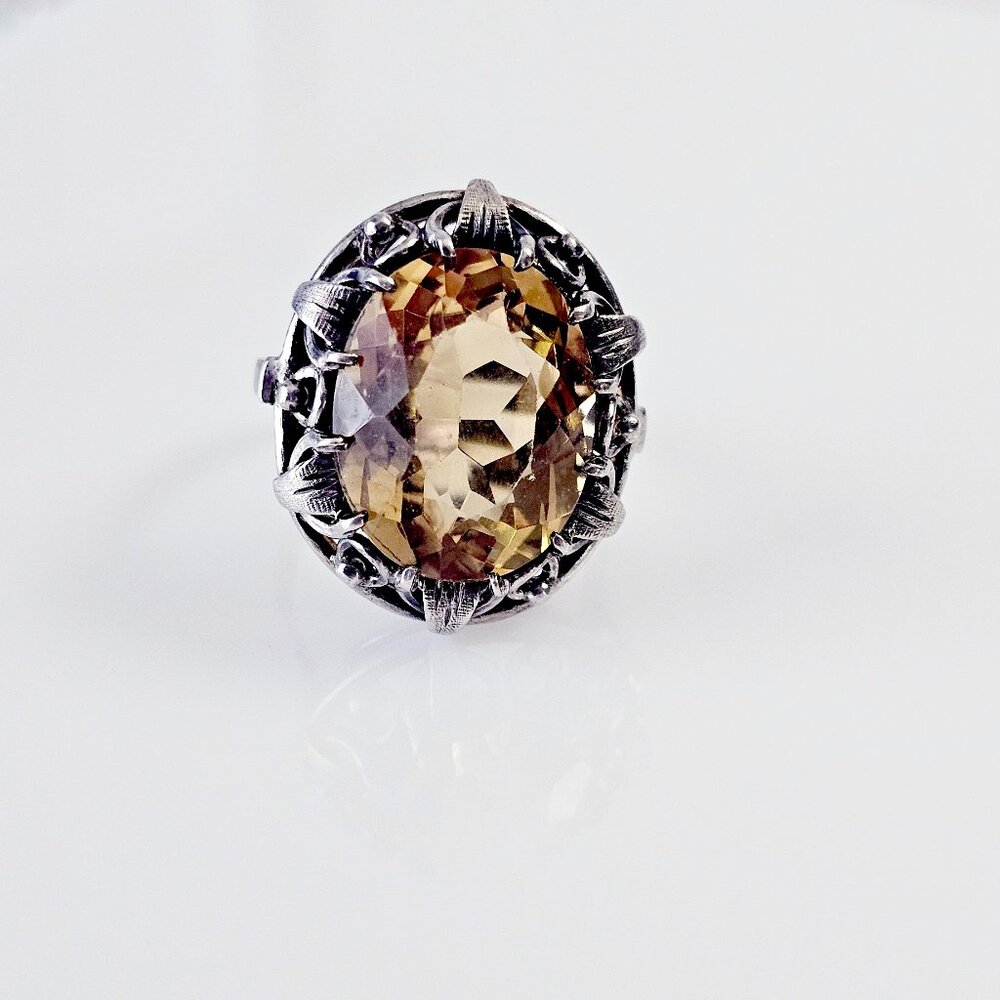 Art Deco Citrine and Sterling Cocktail Ring